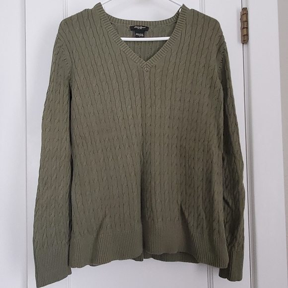EDDIE BAUER dark green pullover v-neck long sleeve sweater LARGE 100% Cotton - Picture 1 of 4